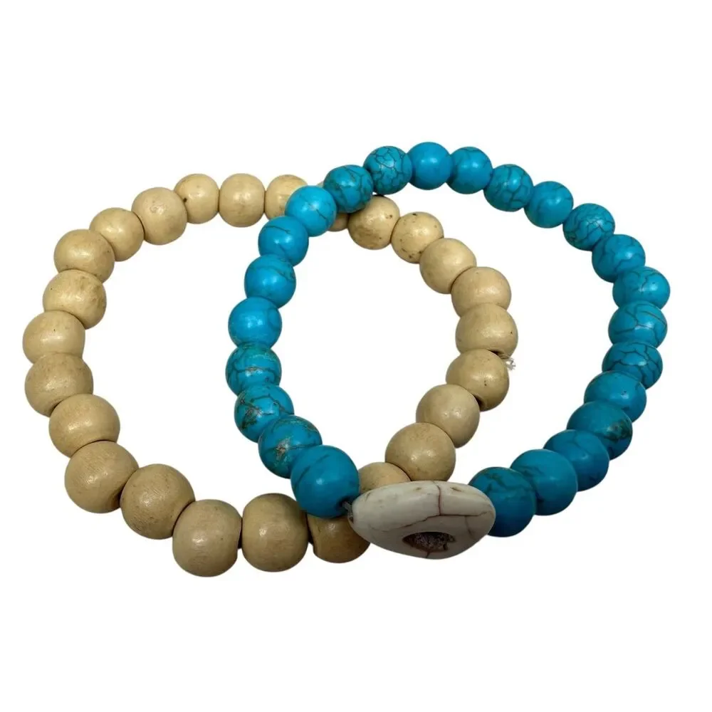 Boho Turquoise Wood Beaded Stretch Bracelet Set Stacking Beach Jewelry
